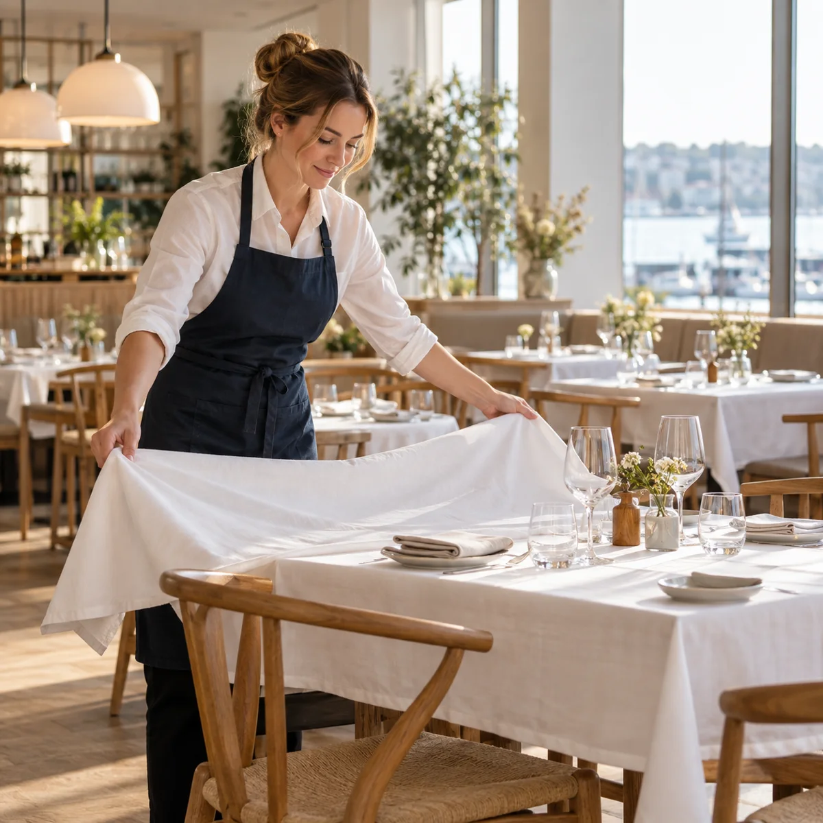 En medarbeider legger en ren duk på et restaurantbord