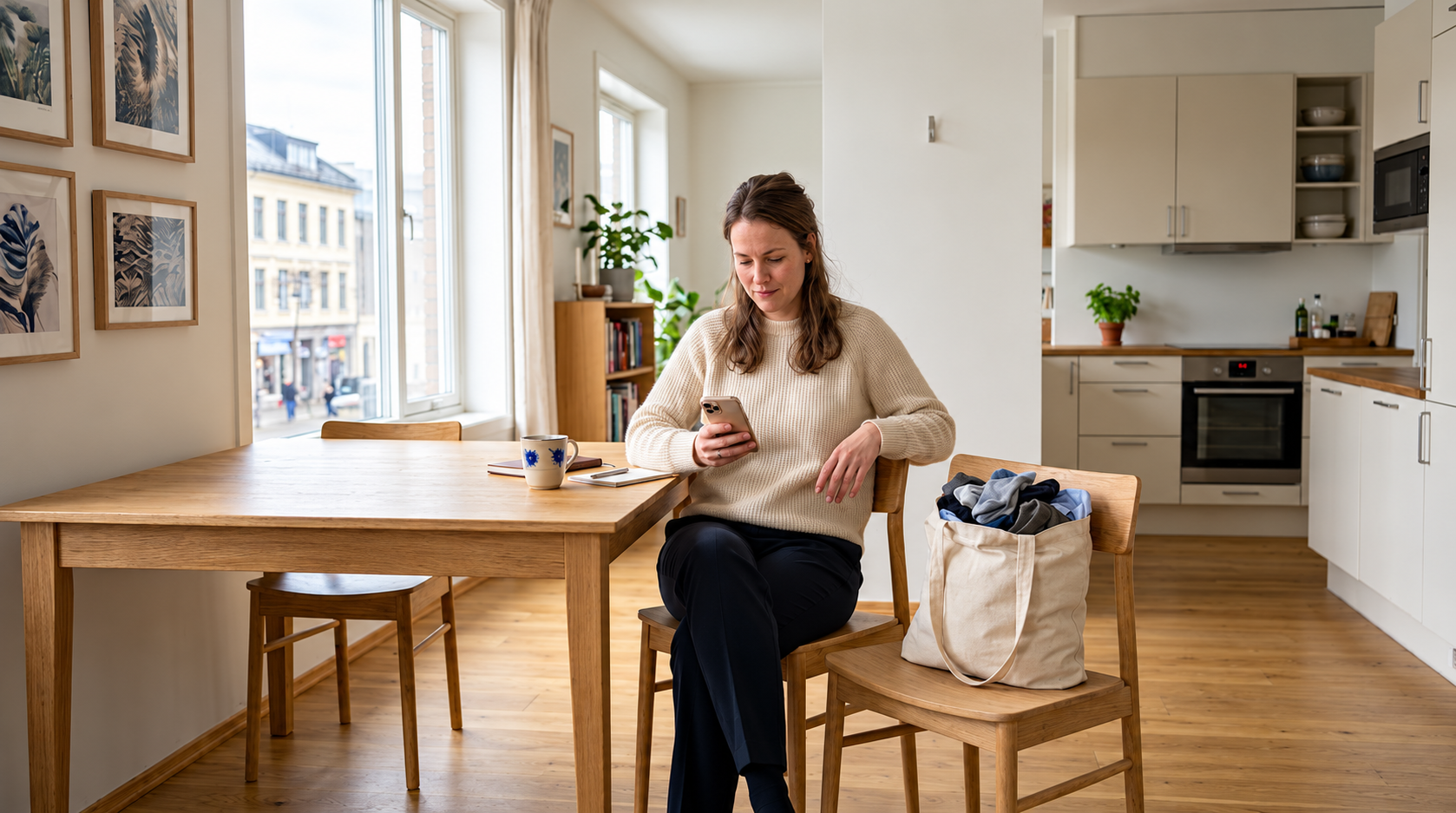 Kvinne bestiller henting på mobilen med klær klare i en pose ved siden av